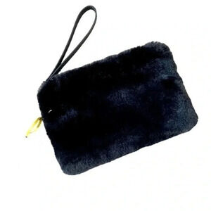 House of Harlow 1960 soft faux fur wristlet pouch bag with zipper black NWT